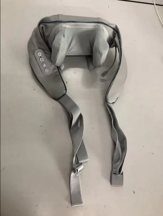 Shoulder and neck massager designed for pain relief, featuring adjustable straps and control buttons.